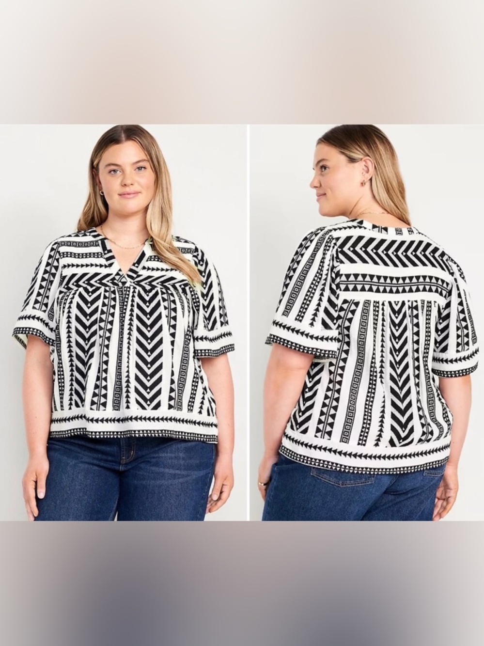 Old Navy Black & White Lined Tribal Print Blouse Women's Plus 3X Aztec Babydoll - Picture 14 of 14